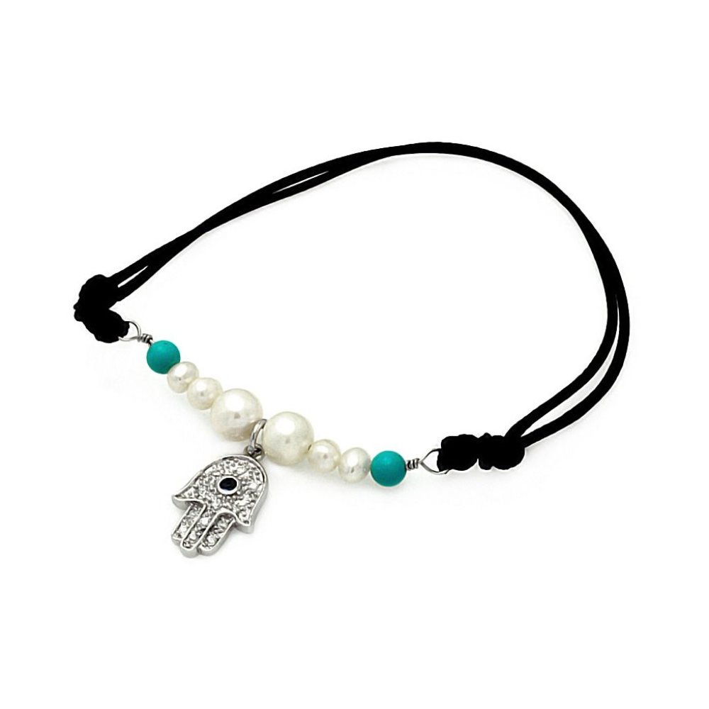 Sterling Silver 925 Pearl Turquoise Beads Hamsa Clear CZ Black Cord Bracelet